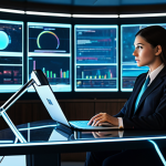 A focused professional, gender-neutral, in a modest business suit, fully clothed, appropriate attire, sitting at a sleek, minimalist desk in a futuristic, dimly lit office. Holographic data streams and screens displaying vast amounts of information surround the figure, subtly forming an enclosing 'filter bubble' effect around them, suggesting a narrowed perspective despite the abundance of data. The expression is one of deep thought but also slight overwhelm. Professional photography, cinematic lighting, high detail, perfect anatomy, correct proportions, natural pose, well-formed hands, proper finger count, natural body proportions, safe for work, appropriate content, family-friendly.