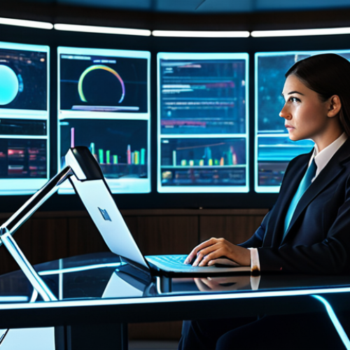 A focused professional, gender-neutral, in a modest business suit, fully clothed, appropriate attire, sitting at a sleek, minimalist desk in a futuristic, dimly lit office. Holographic data streams and screens displaying vast amounts of information surround the figure, subtly forming an enclosing 'filter bubble' effect around them, suggesting a narrowed perspective despite the abundance of data. The expression is one of deep thought but also slight overwhelm. Professional photography, cinematic lighting, high detail, perfect anatomy, correct proportions, natural pose, well-formed hands, proper finger count, natural body proportions, safe for work, appropriate content, family-friendly.